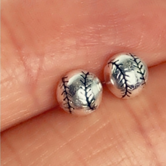 Sterling Silver Baseball Stud Earrings - Picture 4 of 12